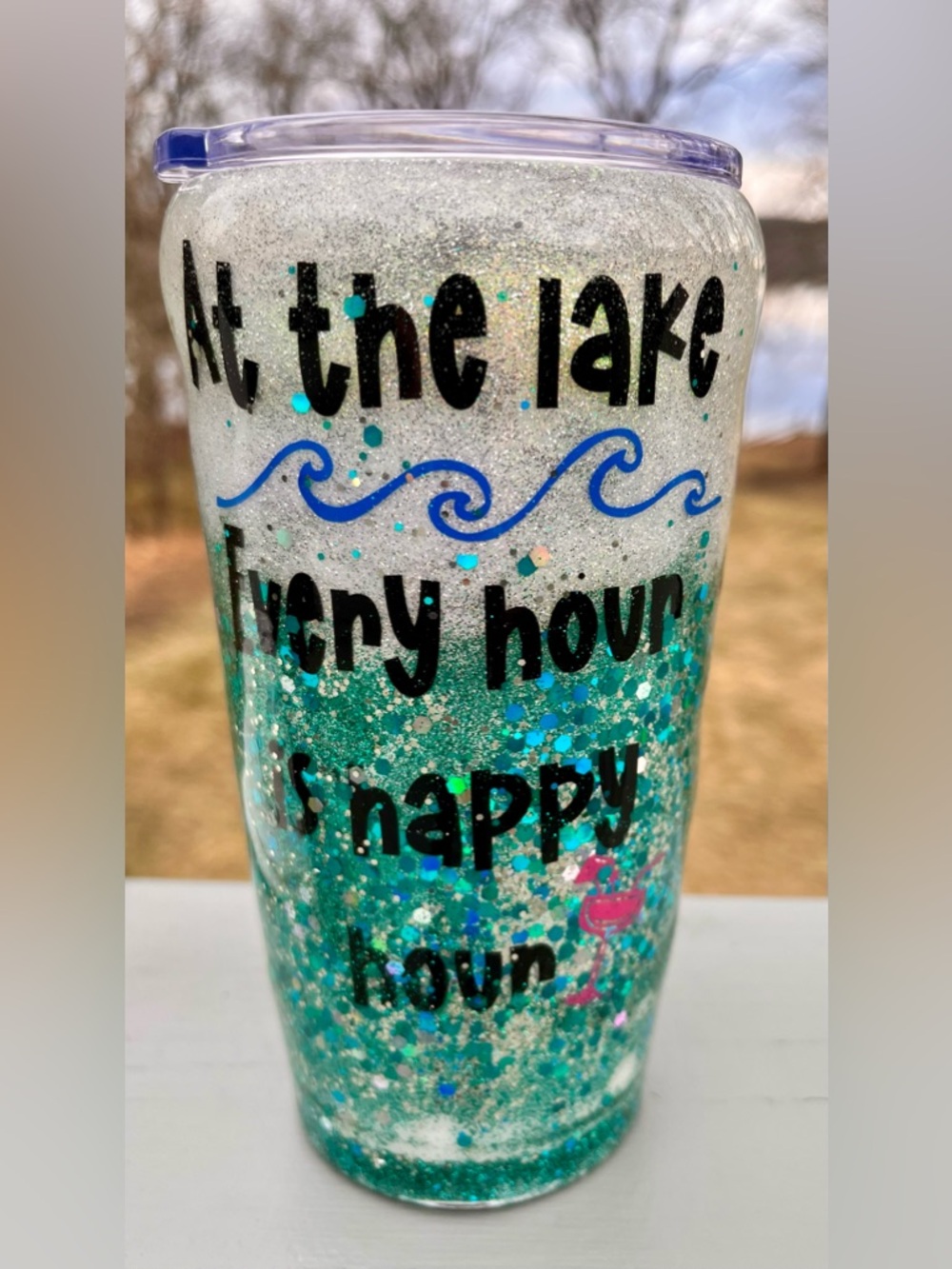 Glitter Ombre Lake Tumbler - Teal & Silver includes camping tote